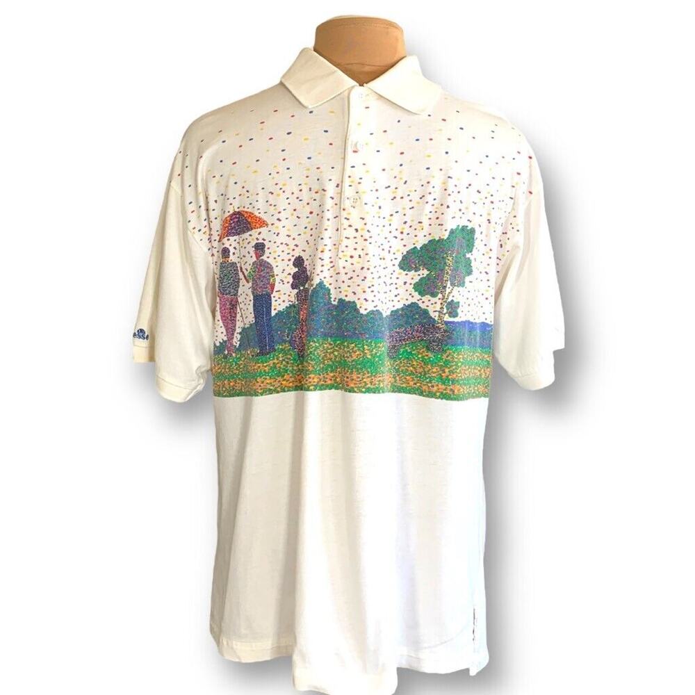 Vintage Ellesse Golf Polo Scenic Print White Mercerized Cotton Shirt Abstract - Picture 10 of 10